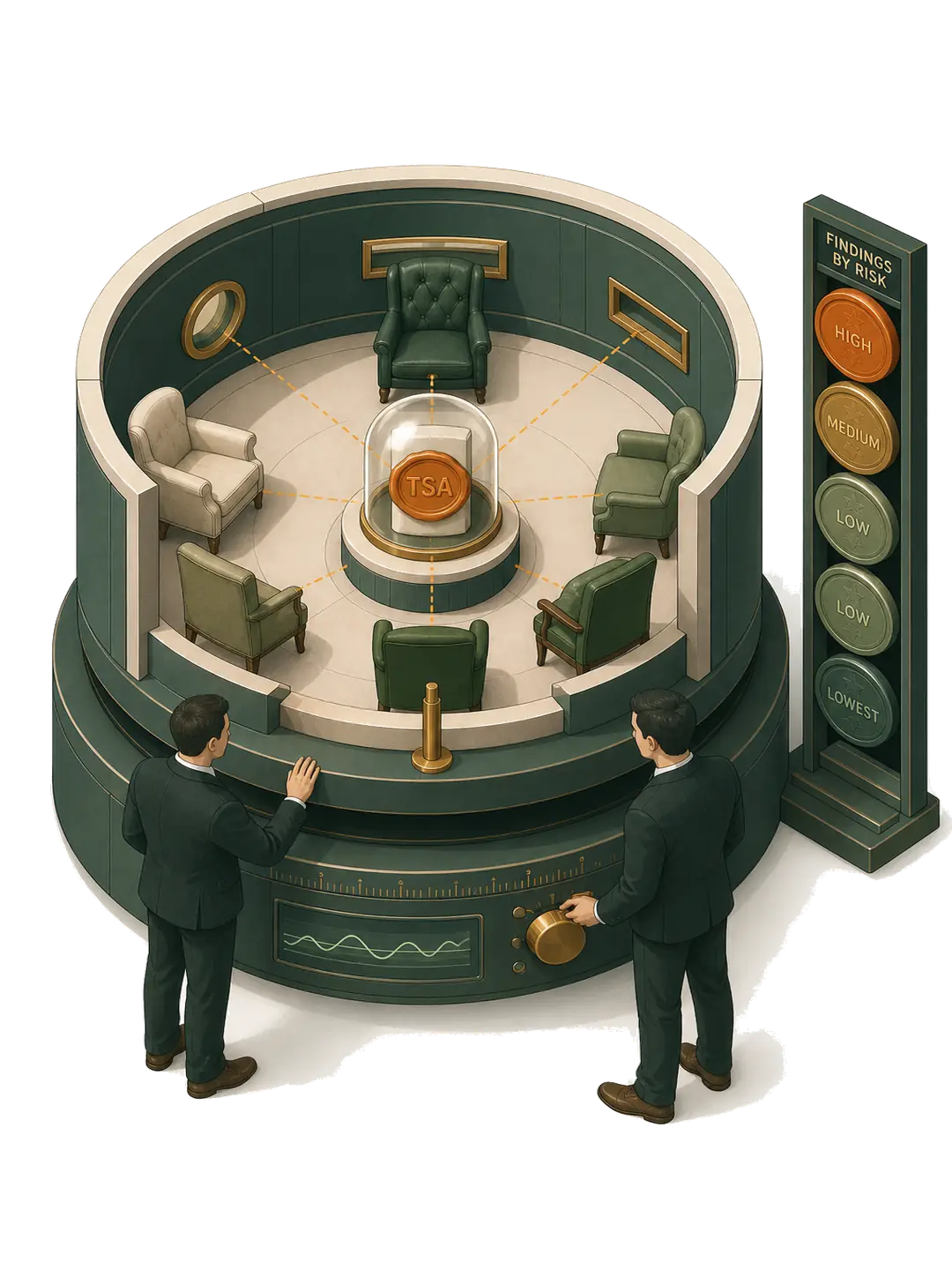 A modelled decision room tests a deliverable from several seats and ranks findings by risk.