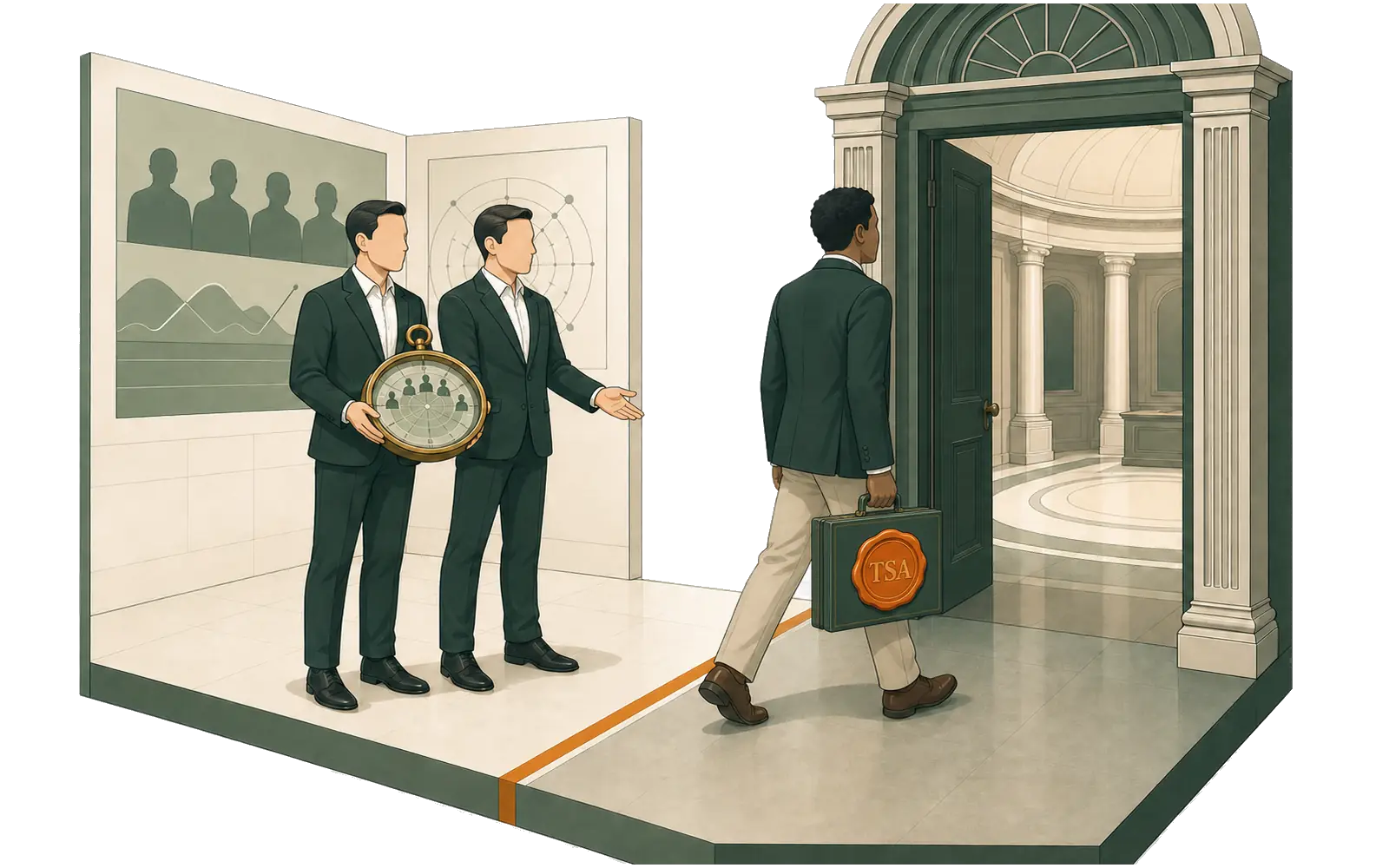 The founders stop at the threshold while the client carries the deliverable into the room.