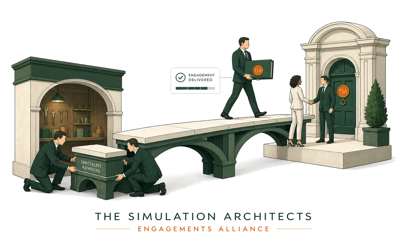 The founders build supporting structure while a partner delivers finished work to the client.