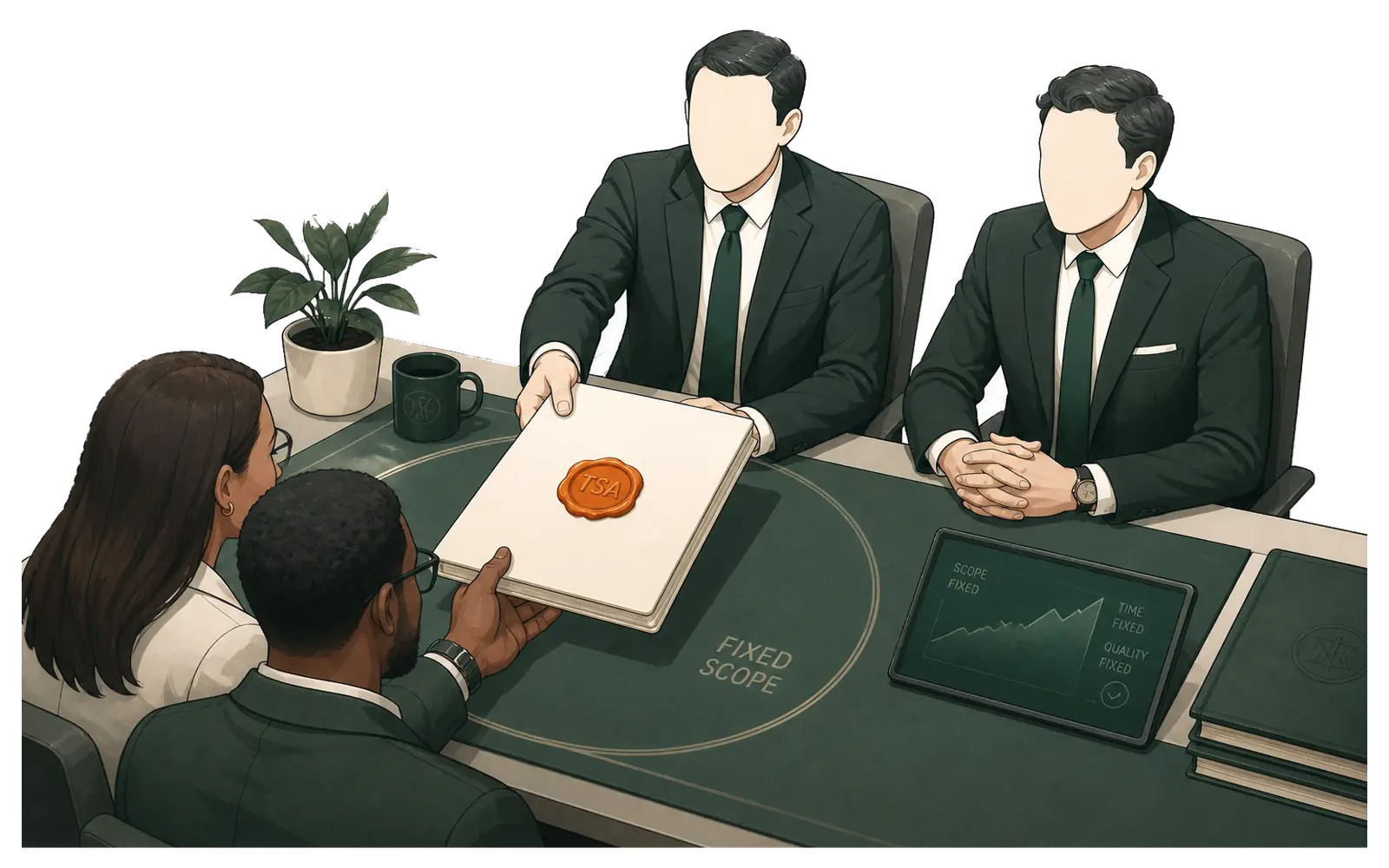 The founders hand a completed deliverable to the client, who owns it.