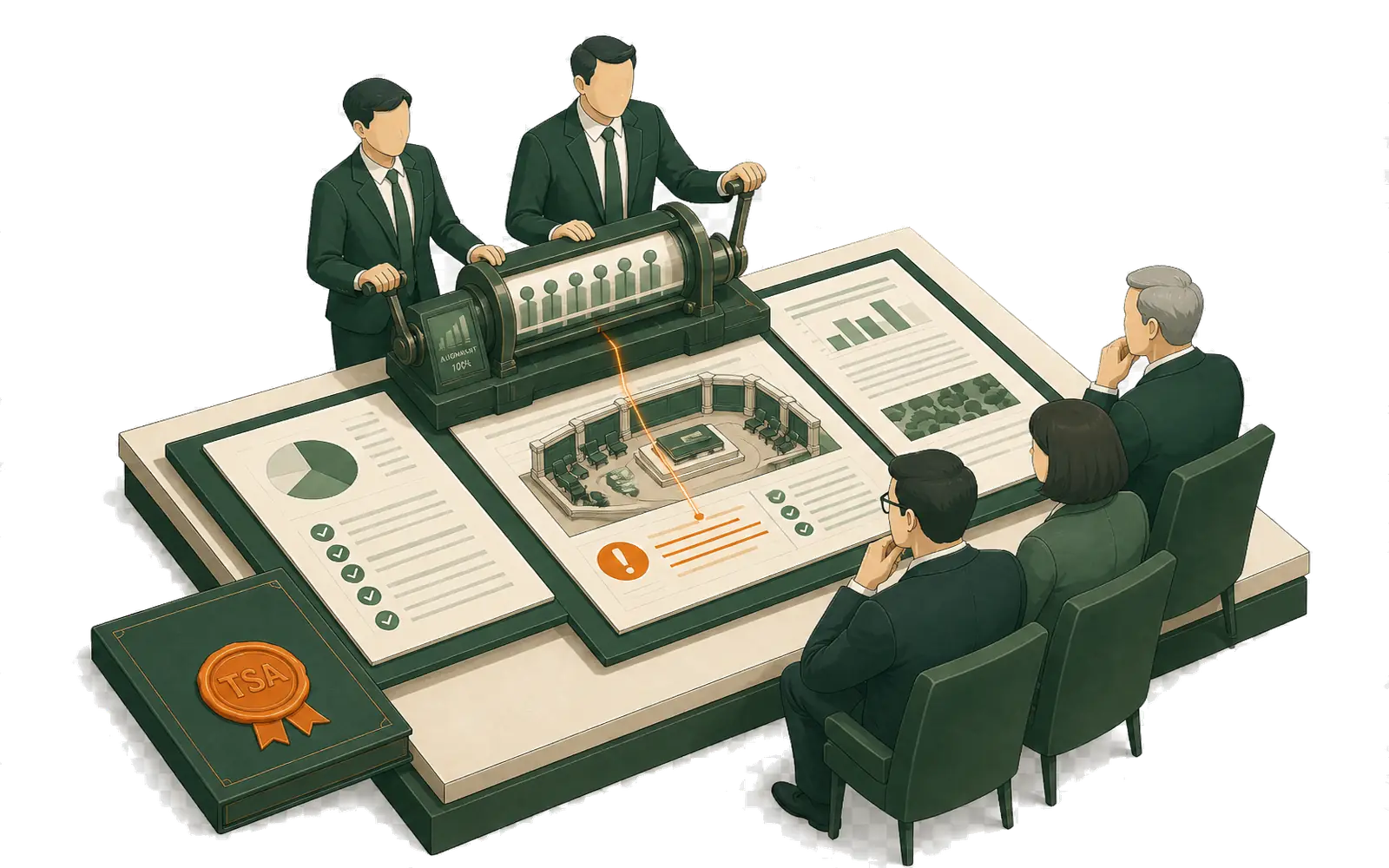 The founders direct an analysis tool while an audience reads a deliverable.